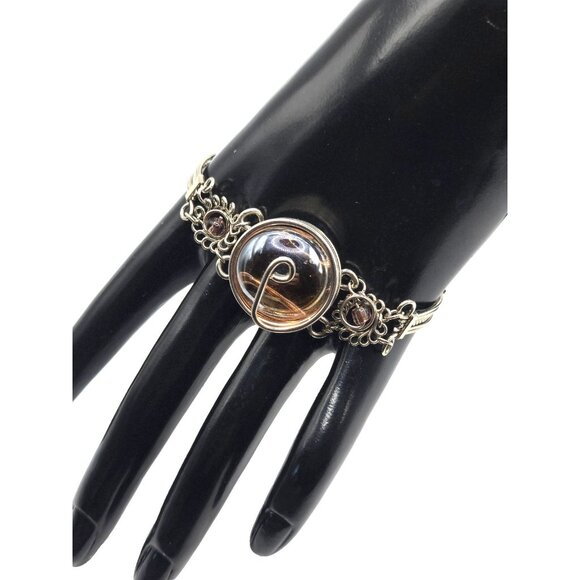 Vintage Silver Tone Bracelet w/ Large Amber Glass Cabochon Purple Glass Accents - Picture 3 of 6